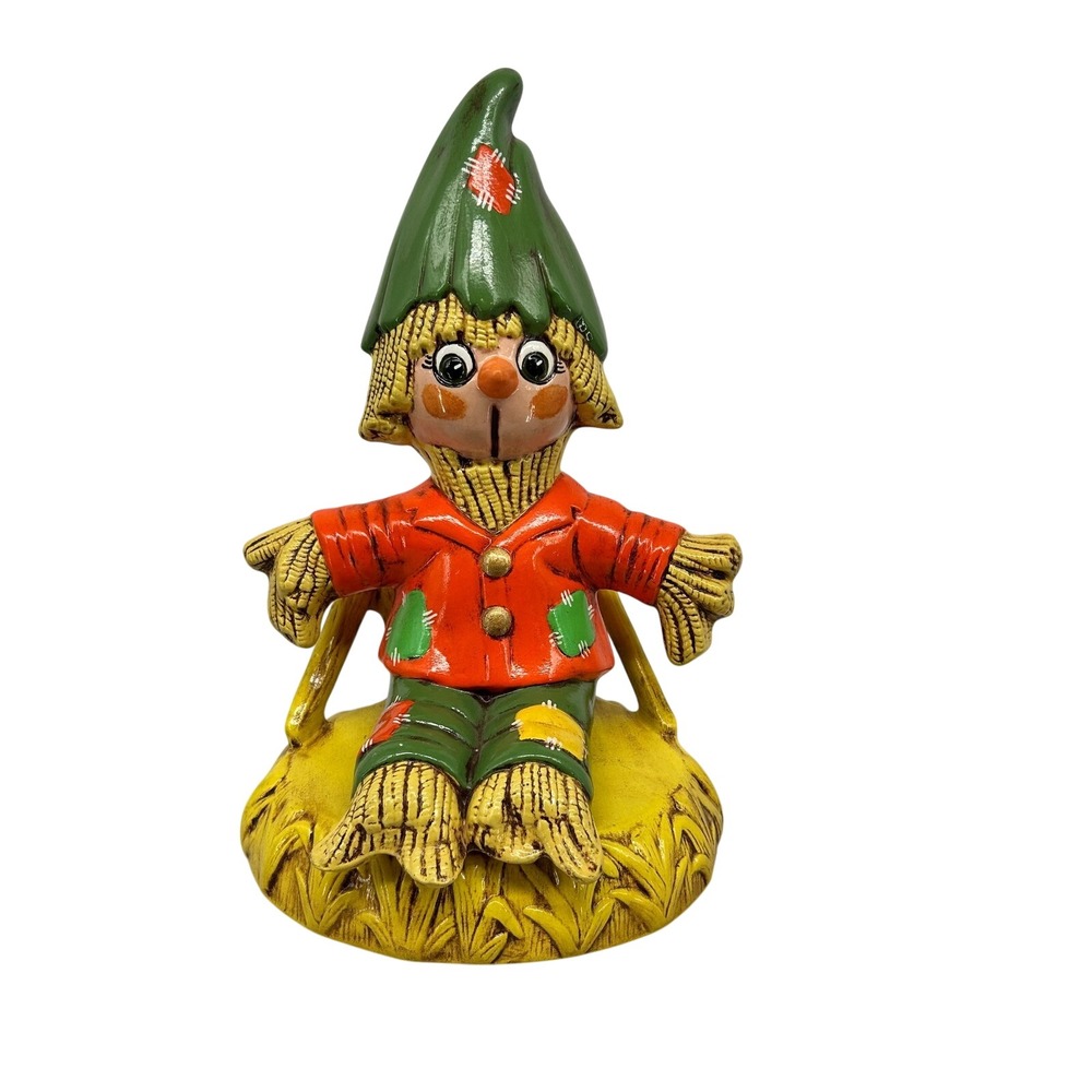 Vintage Dolores 1980 Ceramic Scarecrow Figurine Sitting on Hay Bale Fall Decor